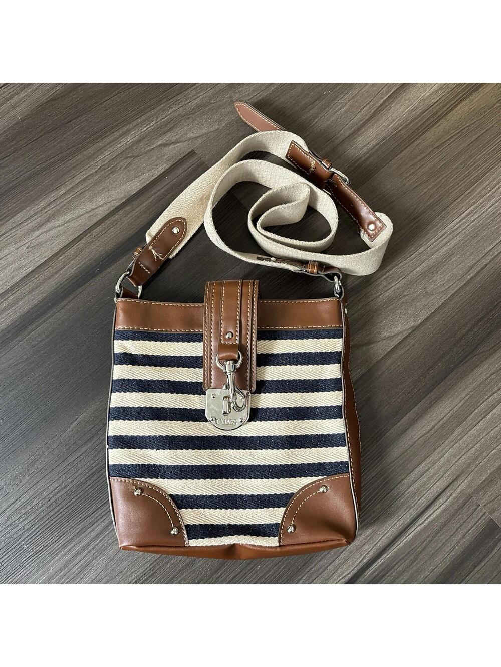 CHAPS Crossbody Shoulder Bag Purse Striped Navy Cream Canvas Vegan Leather